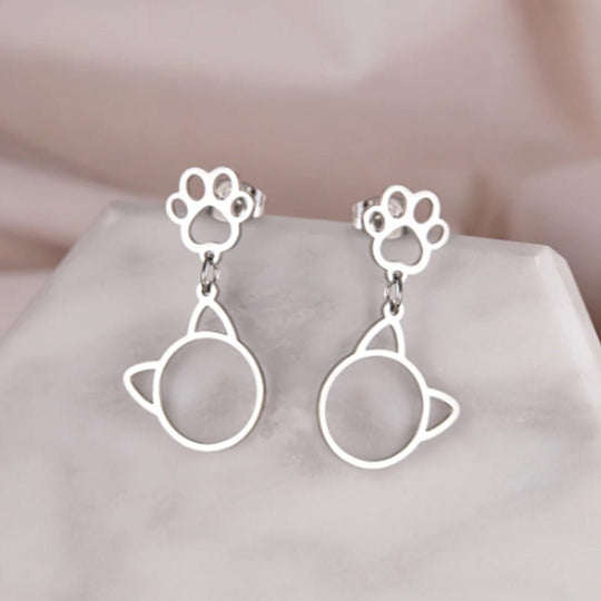 Aretes de huella de gato con cara - Unique Personalizado