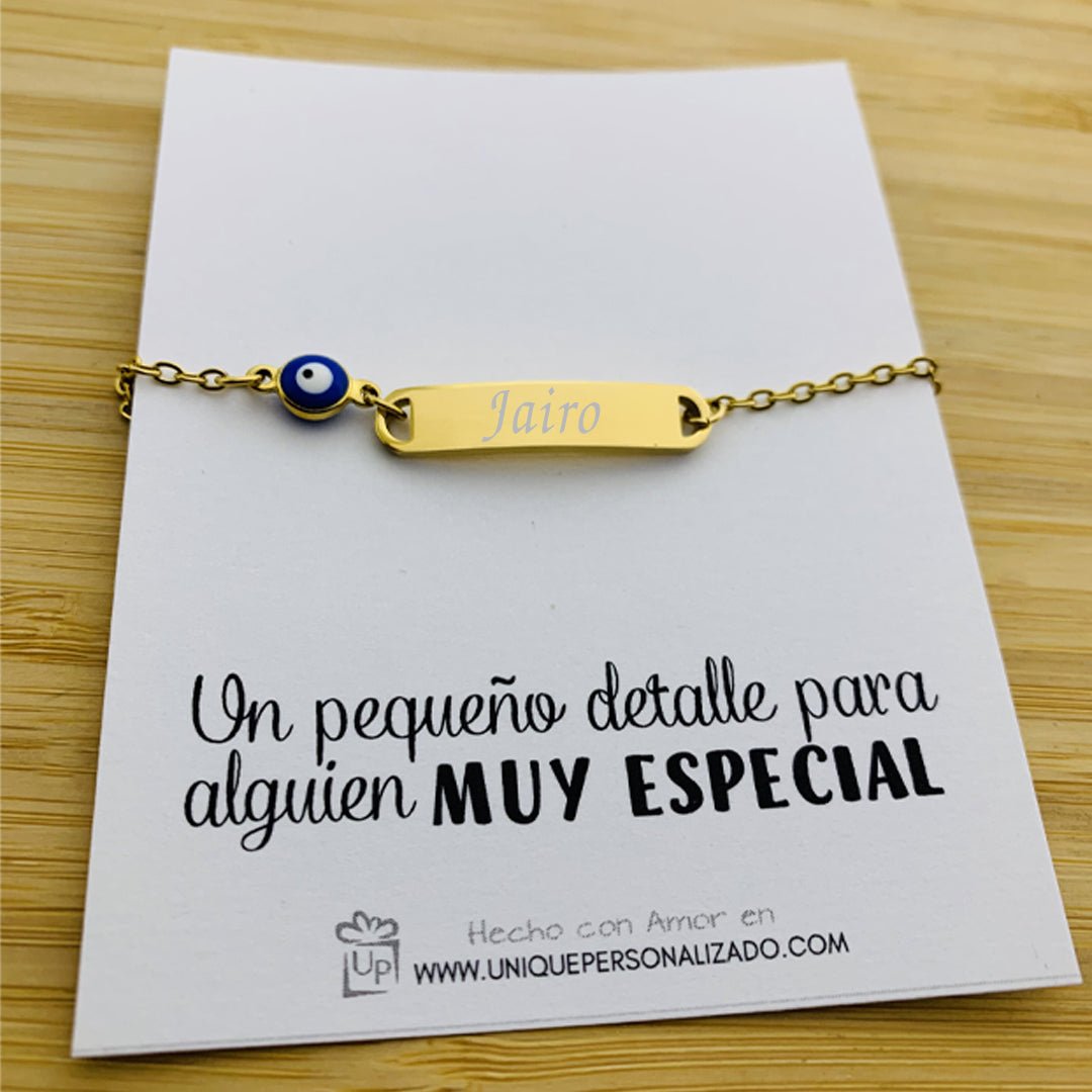 Brazalete con plaquita grabable y ojo turco - Unique Personalizado