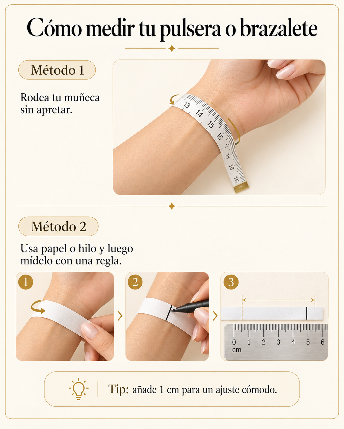 Guía para medir la muñeca para pulseras y brazaletes