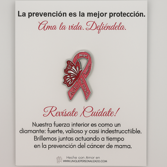 Pin de cancer de mama rosado con mariposa
