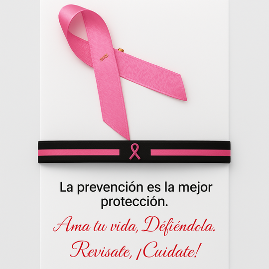 set de laso rosado con pulsera de goma negra de cancer de mama
