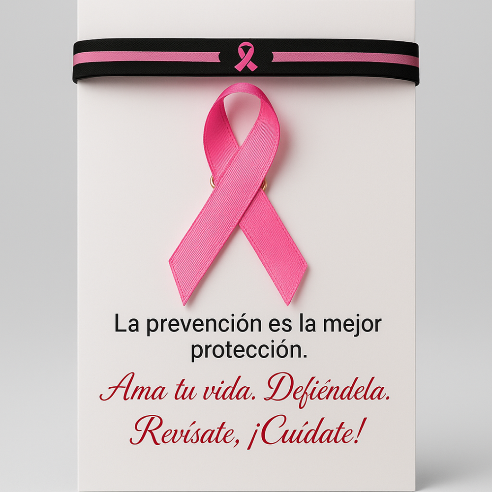 set de laso rosado con pulsera de goma negra de cancer de mama
