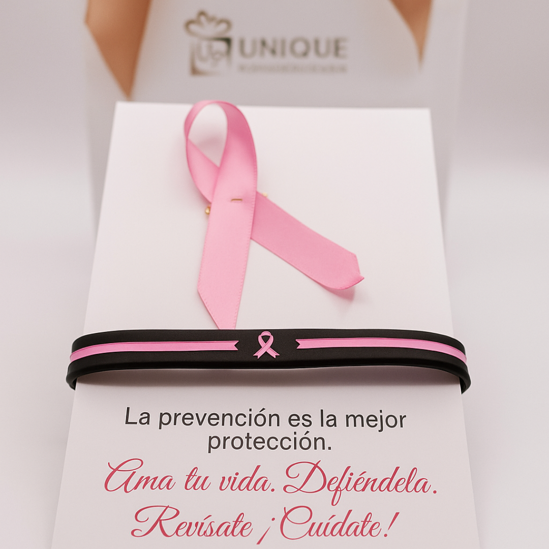 set de laso rosado con pulsera de goma negra de cancer de mama