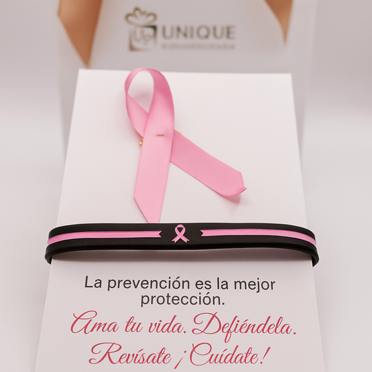 set de laso rosado con pulsera de goma negra de cancer de mama